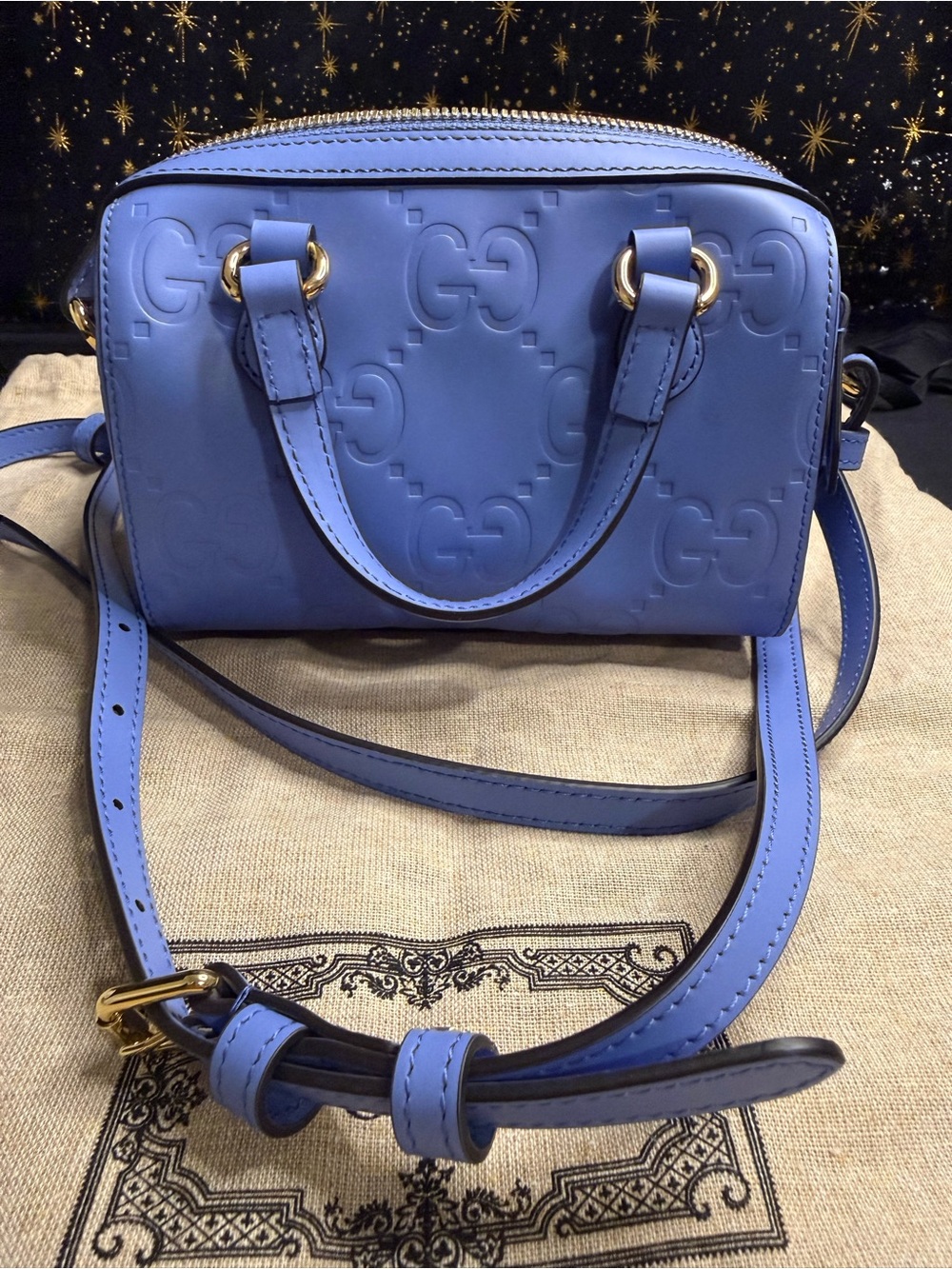 Periwinkle Gucci Jumbo GG Embossed Mini Bowler Bag